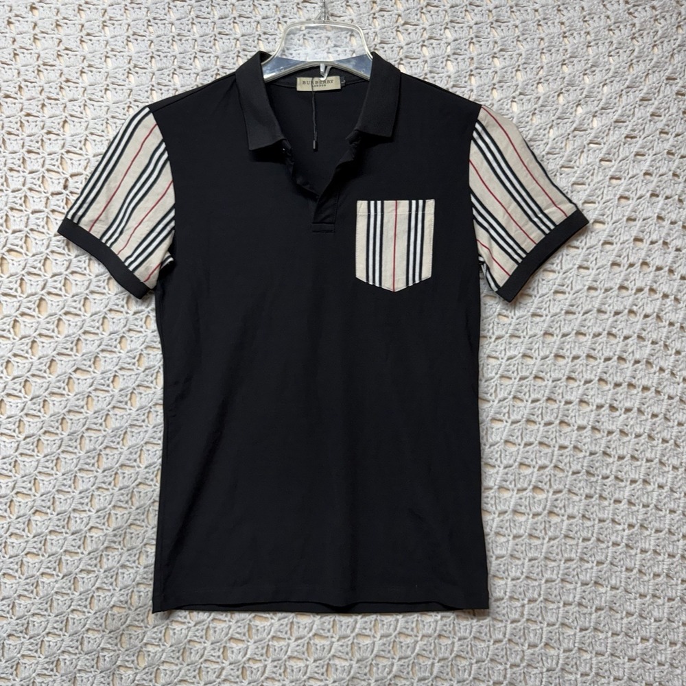 Burberry London Polo Shirt‎ Young L Black Striped Placket Short Slv 100%Cotton